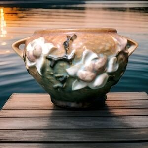 Vintage Roseville Pottery 665-3  Double Handled Bowl Orange, Brown Magnolias